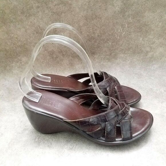 Nickles Womens Sz 8.5 M Brown Leather Slide 3" Wedge Sandals - Picture 4 of 9